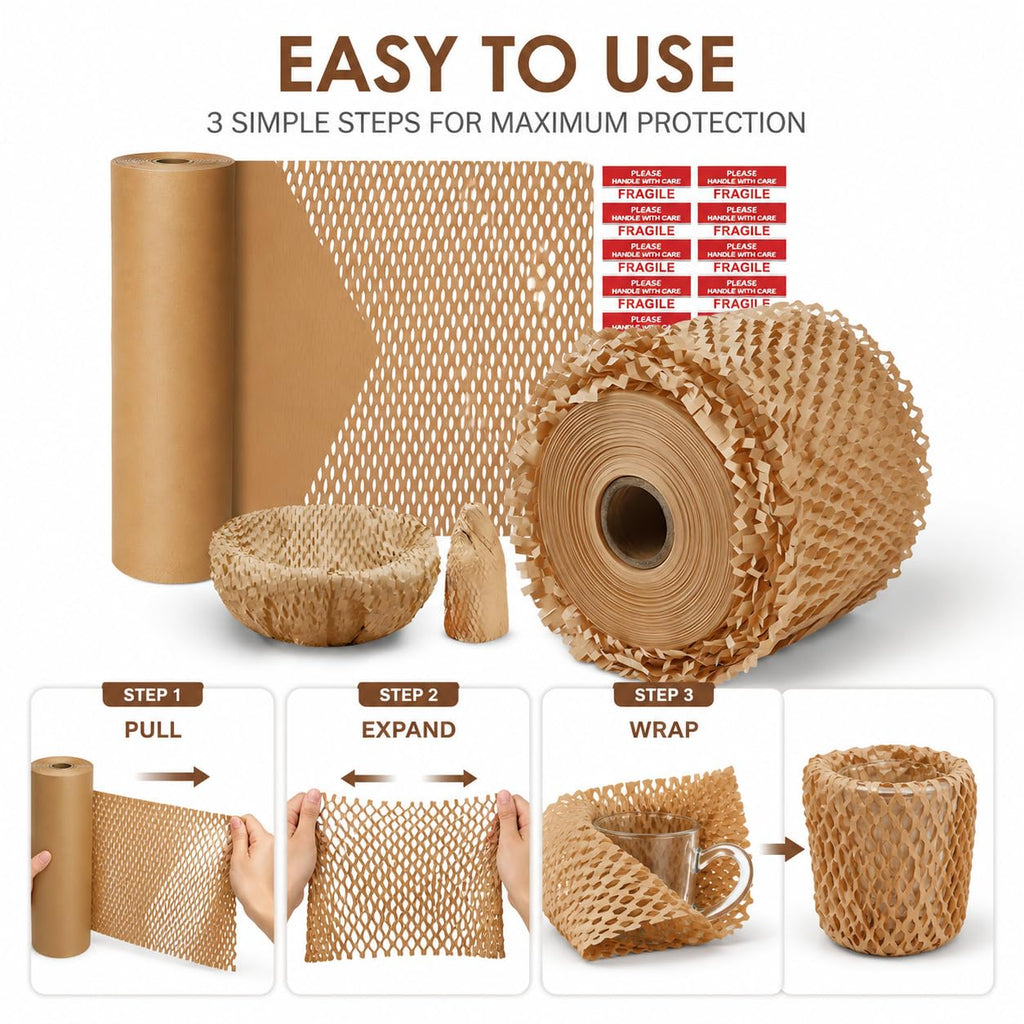 Honeycomb Packing Paper, Bubble Cushioning Wrap Alternative for Moving & Gift Wrapping, Includes 20 Fragile Sticker