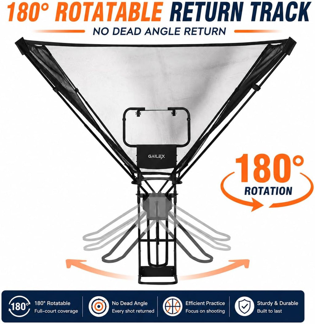 Basketball Return System, Automatic Ball Return Net, 180° Rotating Chute, Quick Fold & Fast Storage, Roll & Go