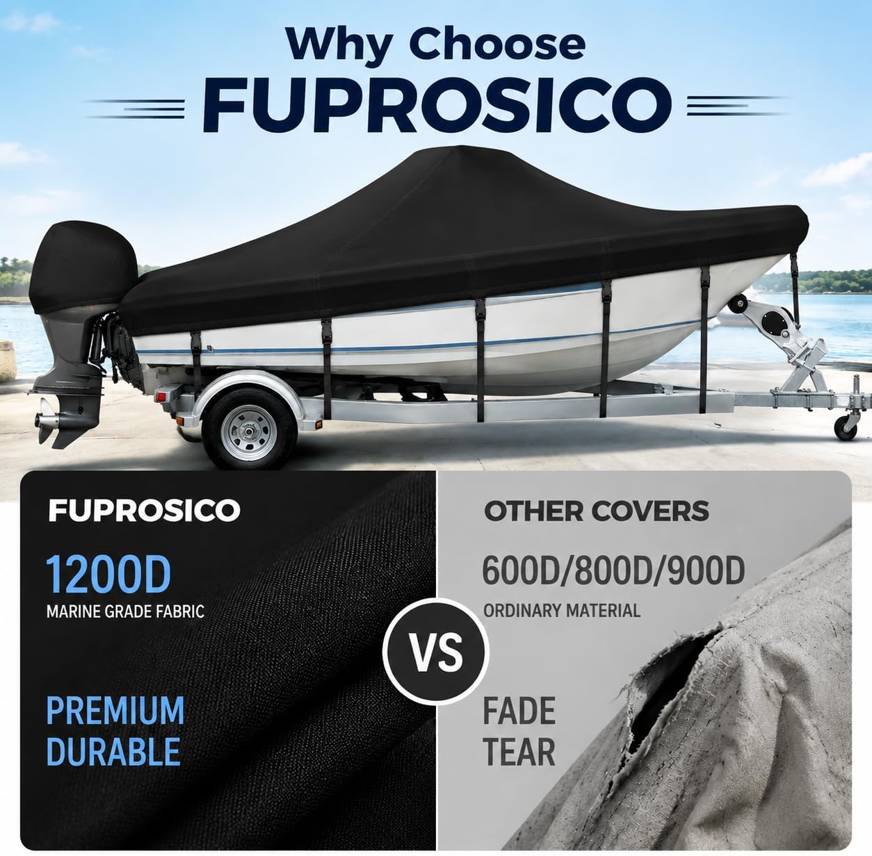 1200D Center Console Boat Cover 16-18.5ft with Motor Cover,Black | Air Vents to Keep
