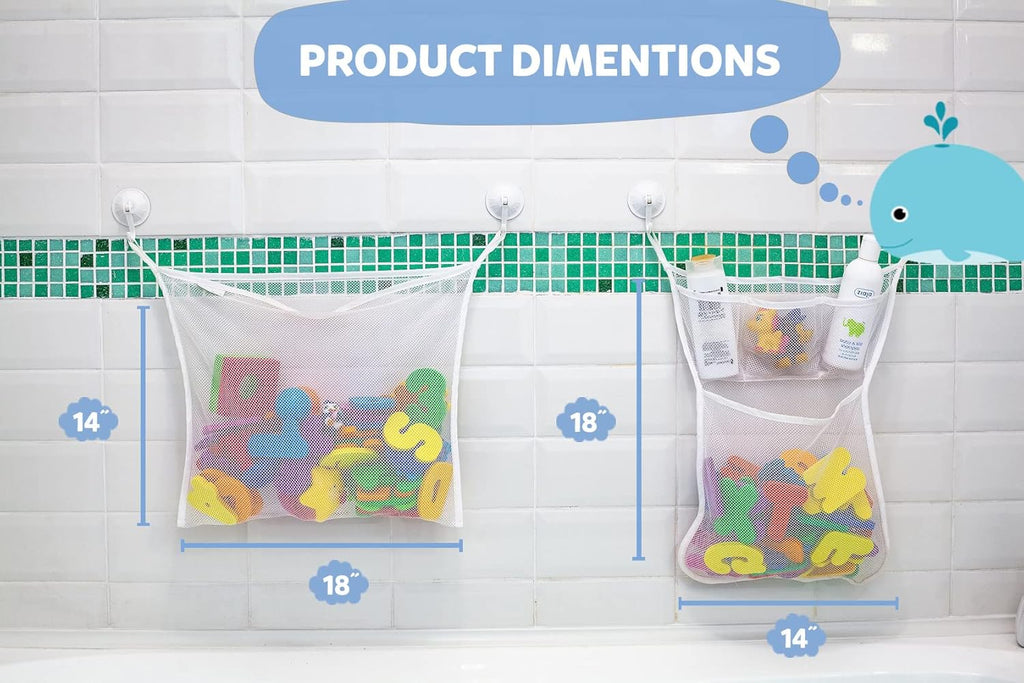 2 x Mesh Bath Toy Organizer + 8 Ultra Strong Hooks – The Perfect Bathtub Toy Holder & Bathroom or Shower Caddy –
