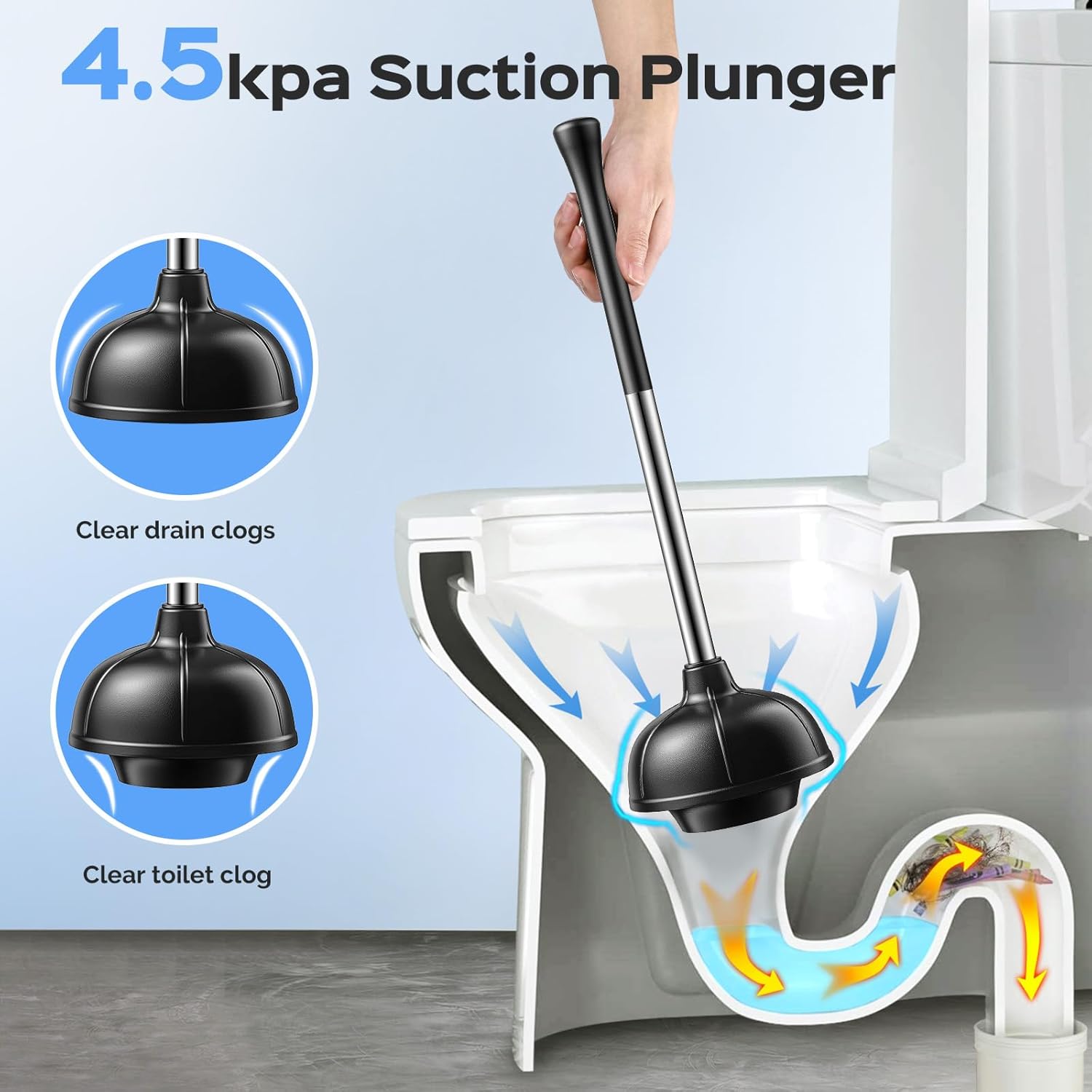 Toilet Plunger and Brush Set: 2 in 1 Stainless Steel Rustproof Combo with Deep Cleaning Curved Bristles - Heavy Duty