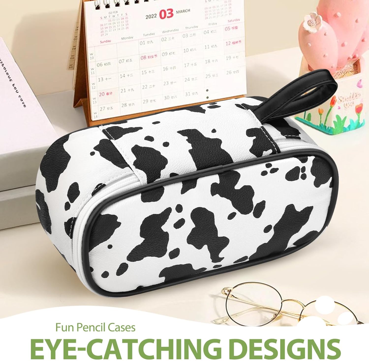 Large Capacity Pencil Case Portable Pencil Pouch Bag School Supplies for College Students Girls Boys Adults (Cow)