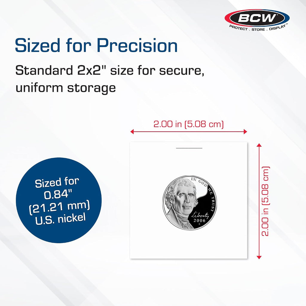 2x2 Coin Flips for Nickels – 100 Pack | Archival Paper Coin Holders with Clear Window | Nickel Holders for Collectors