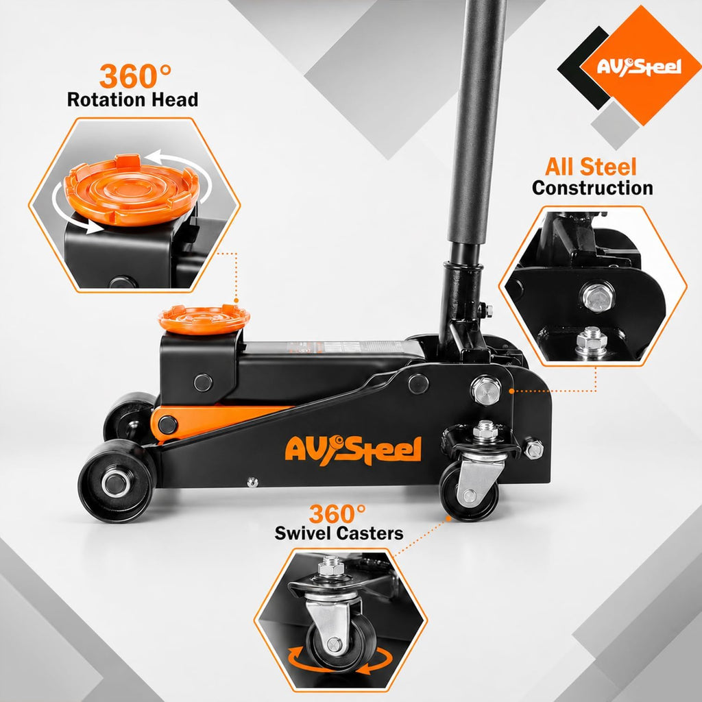 3 Ton Floor Jack (6000 lbs), Single Piston Steel Hydraulic Floor Jack, Lift Range 5.5" to 18.5", Fits Cars, SUVs &