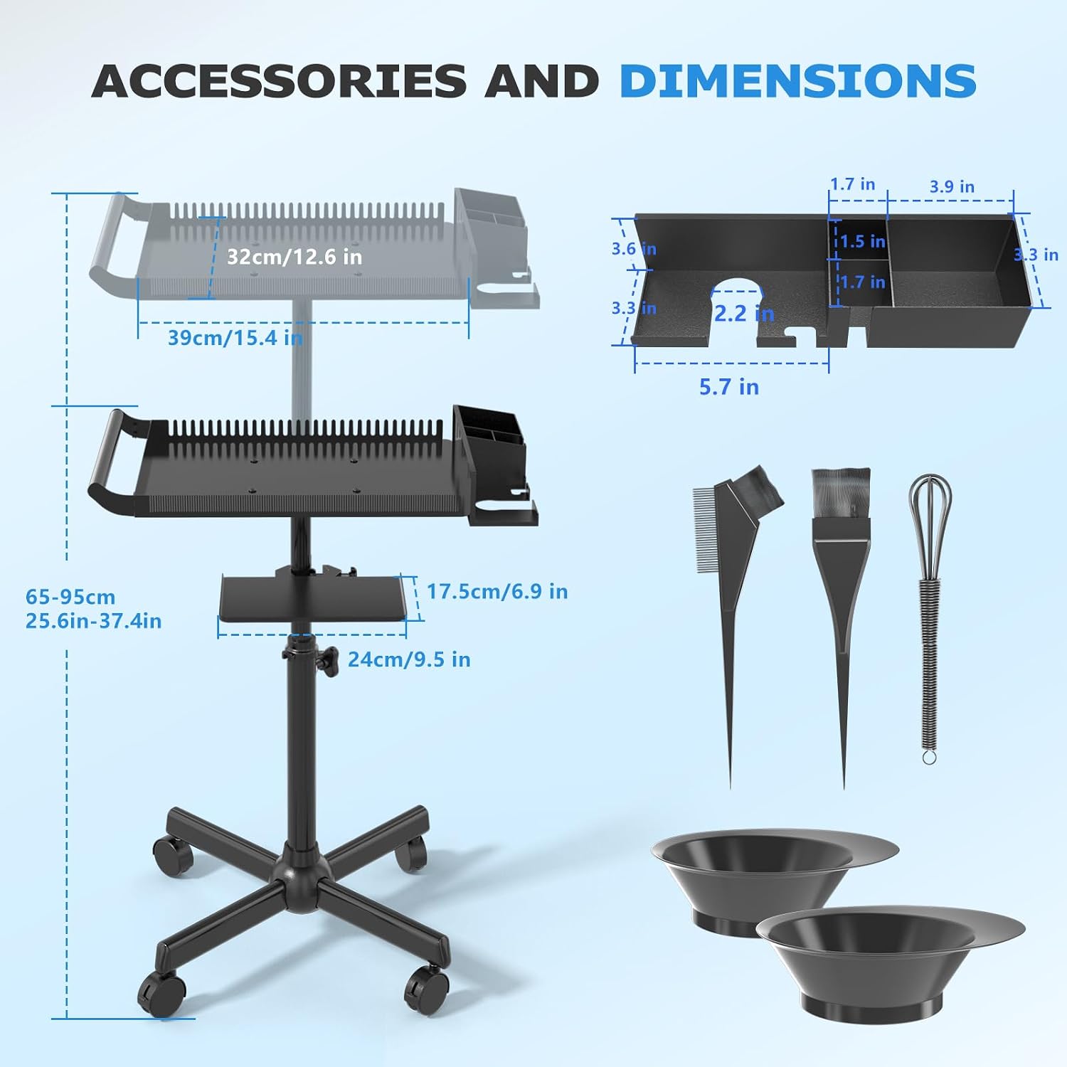 Hairstylist Tray on Wheels, Rolling Salon Tray with Holder and Hair Separator Stand, Salon Trolley Adjustable Tray