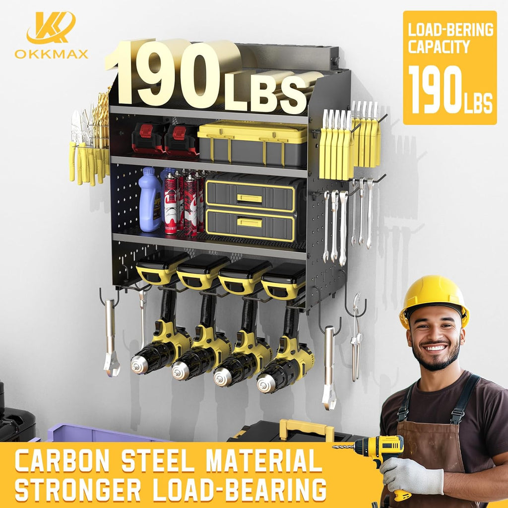 Drill Holder Wall Mount with 8-Outlet Charging Station, 190lbs Load 4 Layers Carbon Steel Heavy Duty Power Tool
