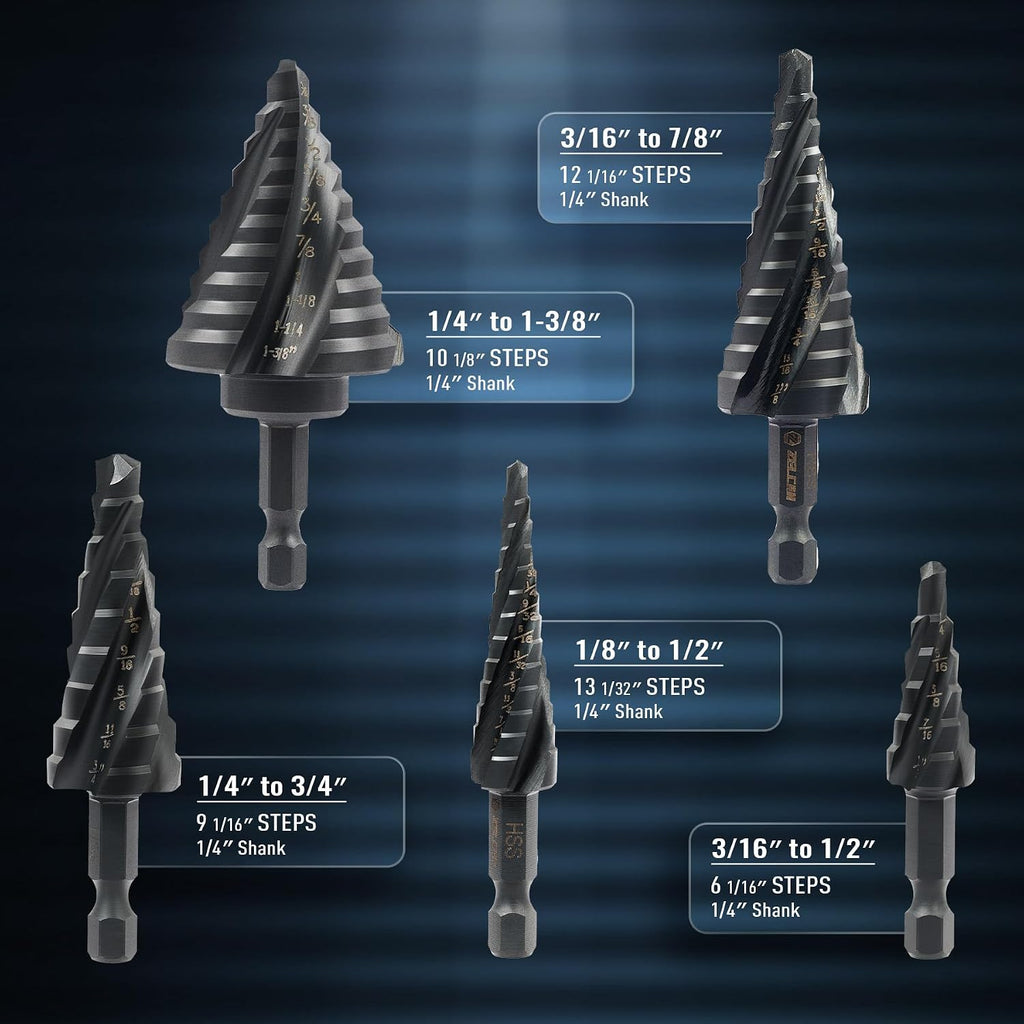 ZELCAN 5PCS Titanium HSS Step Drill Bit Set, 50 Sizes, 1/8" to 1-3/8"