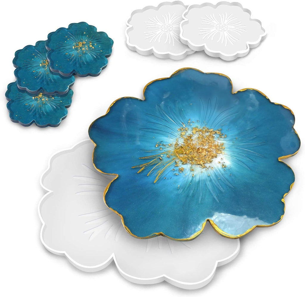 Silicone Resin Molds, 1PCS Large Resin Tray Mold and 5PCS Coaster Molds for Resin Casting, Flower Shape Epoxy Resins