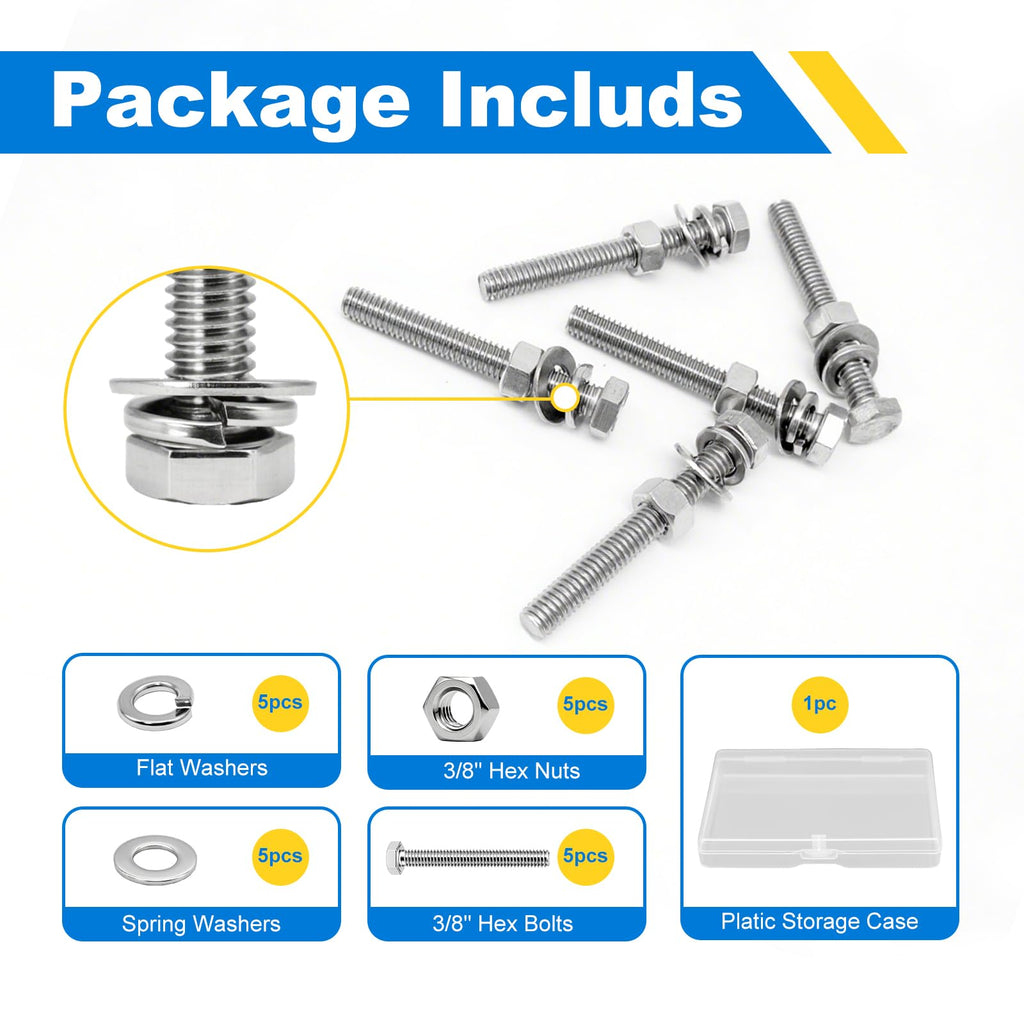 3/8-16 x 3 Hex Bolt Set with Nuts, Flat Washers, Spring Washers - 304 SS