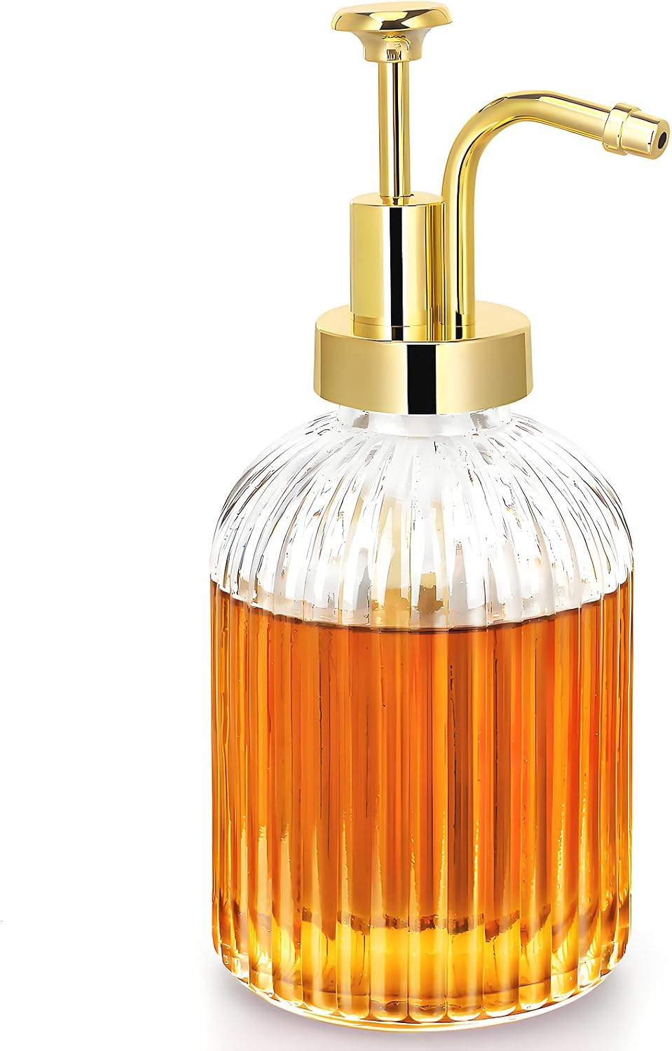 Glass Coffee Syrup Dispenser 10oz, Syrup Bottles with Ribbed Design, Gold Syrup Pump, Coffee Bar Accessories, Honey