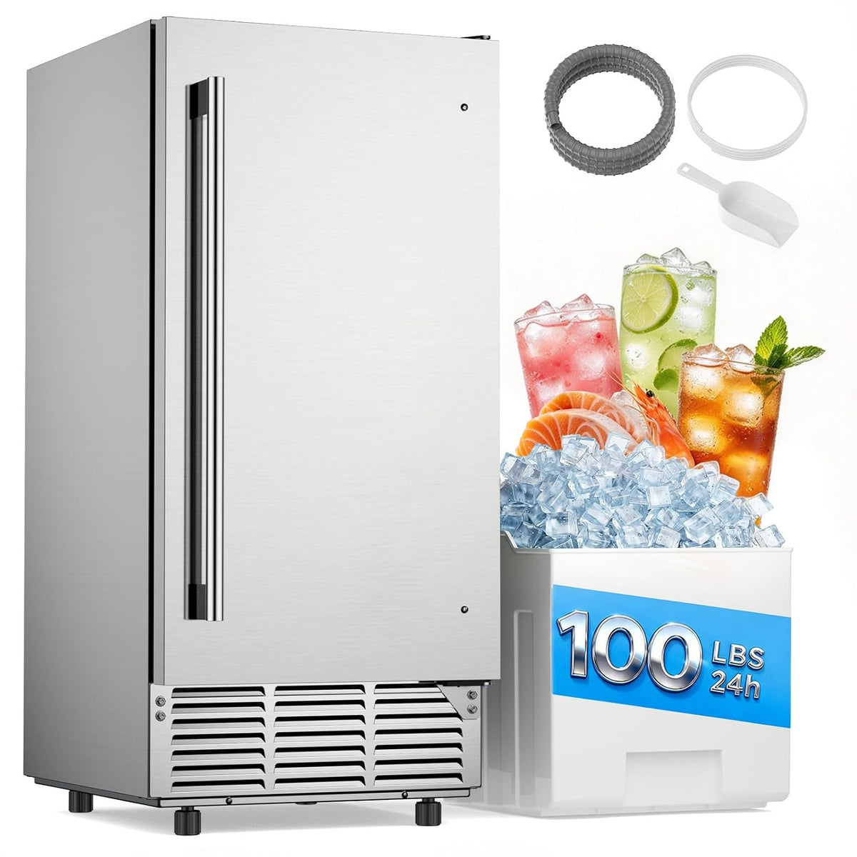 Under Counter Ice Maker Machine, 100 LBS/24H with 35 LBS Storage Bin