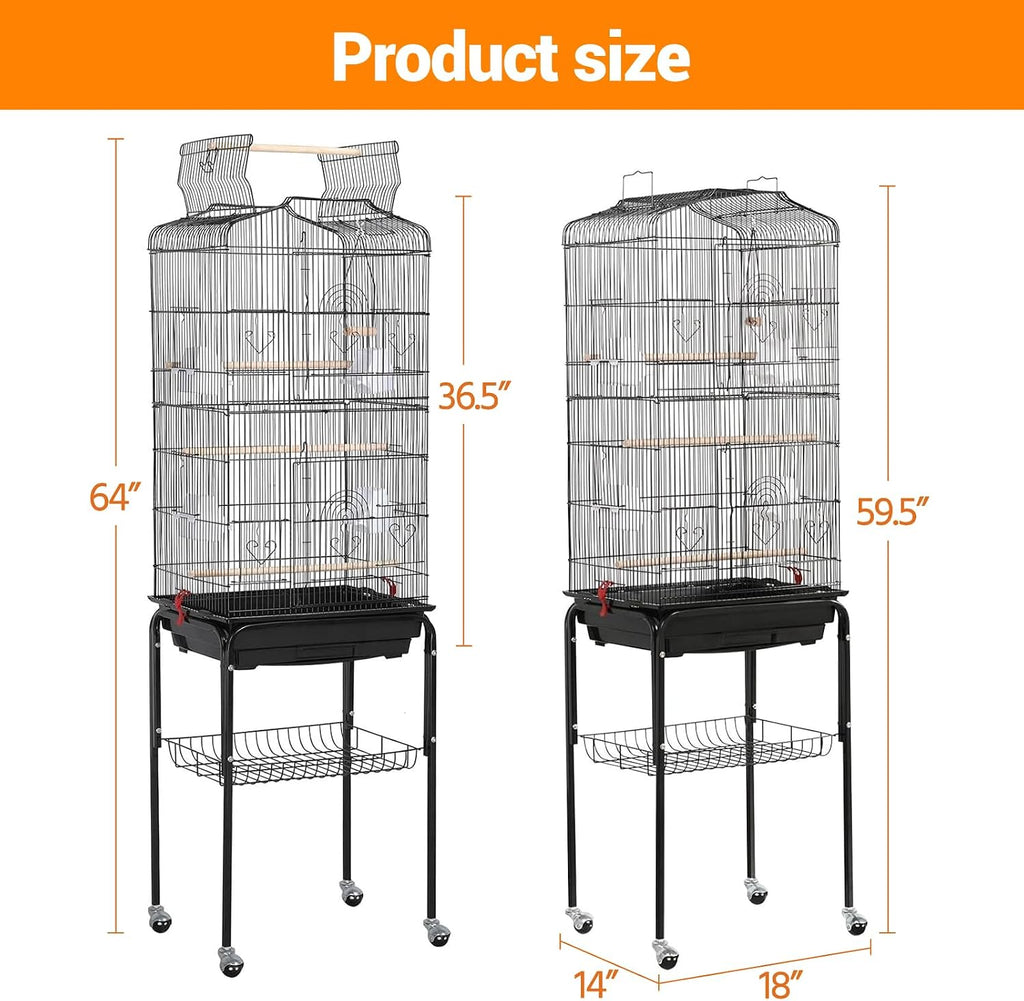 64'' Large Metal Bird Flight Cage with Open Top, Detachable Rolling Stand & Storage Shelf for Parrots, Conures