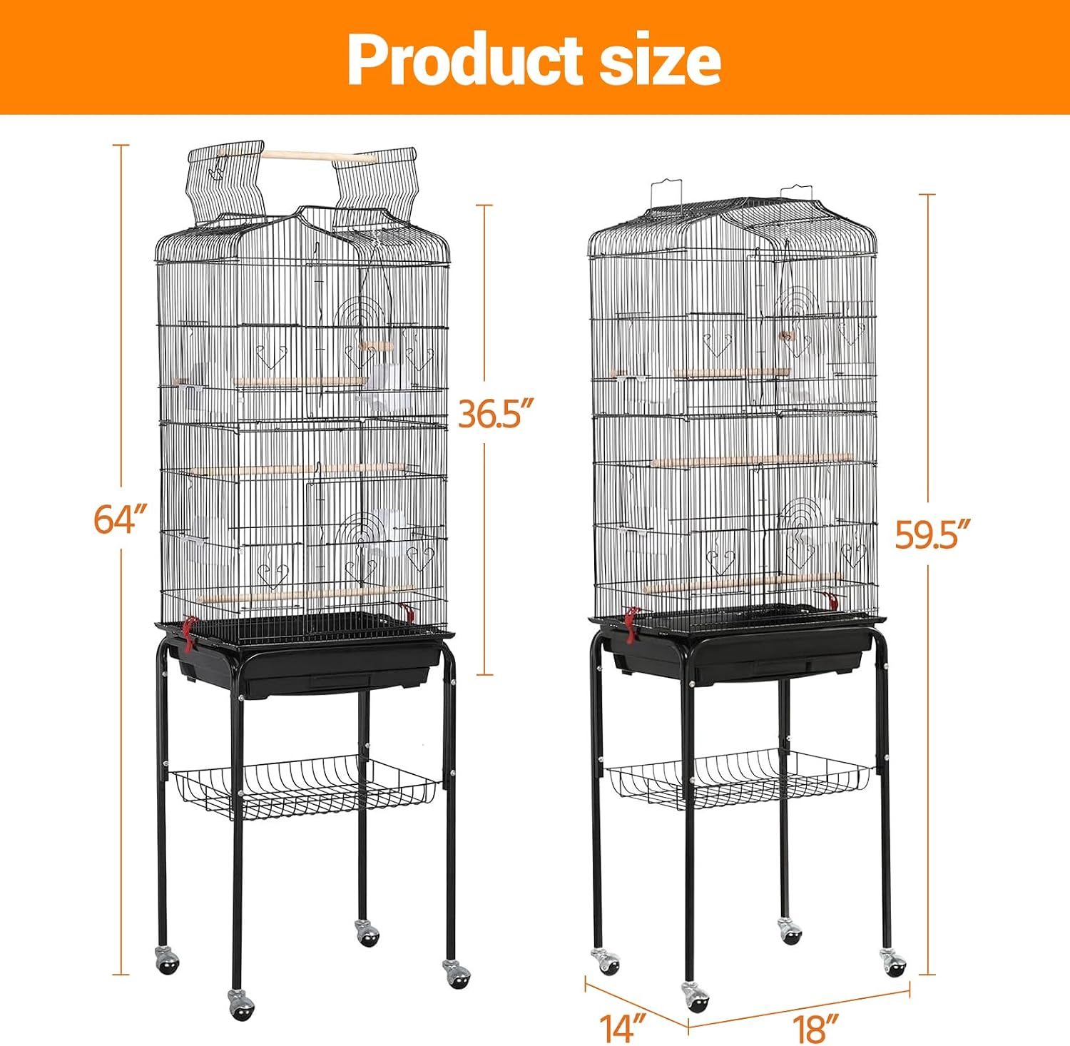 64'' Large Metal Bird Flight Cage with Open Top, Detachable Rolling Stand & Storage Shelf for Parrots, Conures