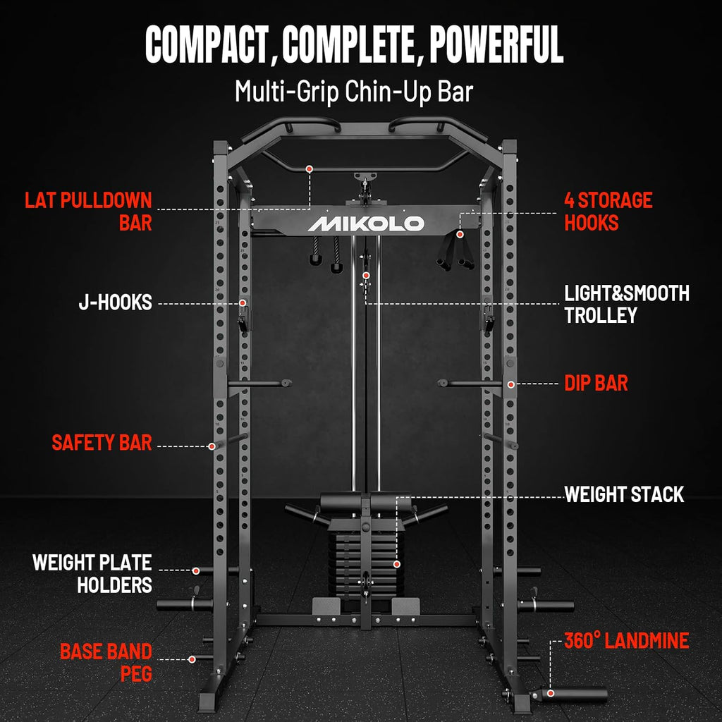 F4 2.0 Power Cage with Dual-Track Smooth Pulley System, 1200LBS Power Rack with Leg Hold-Down for Heavy LAT Pulldowns