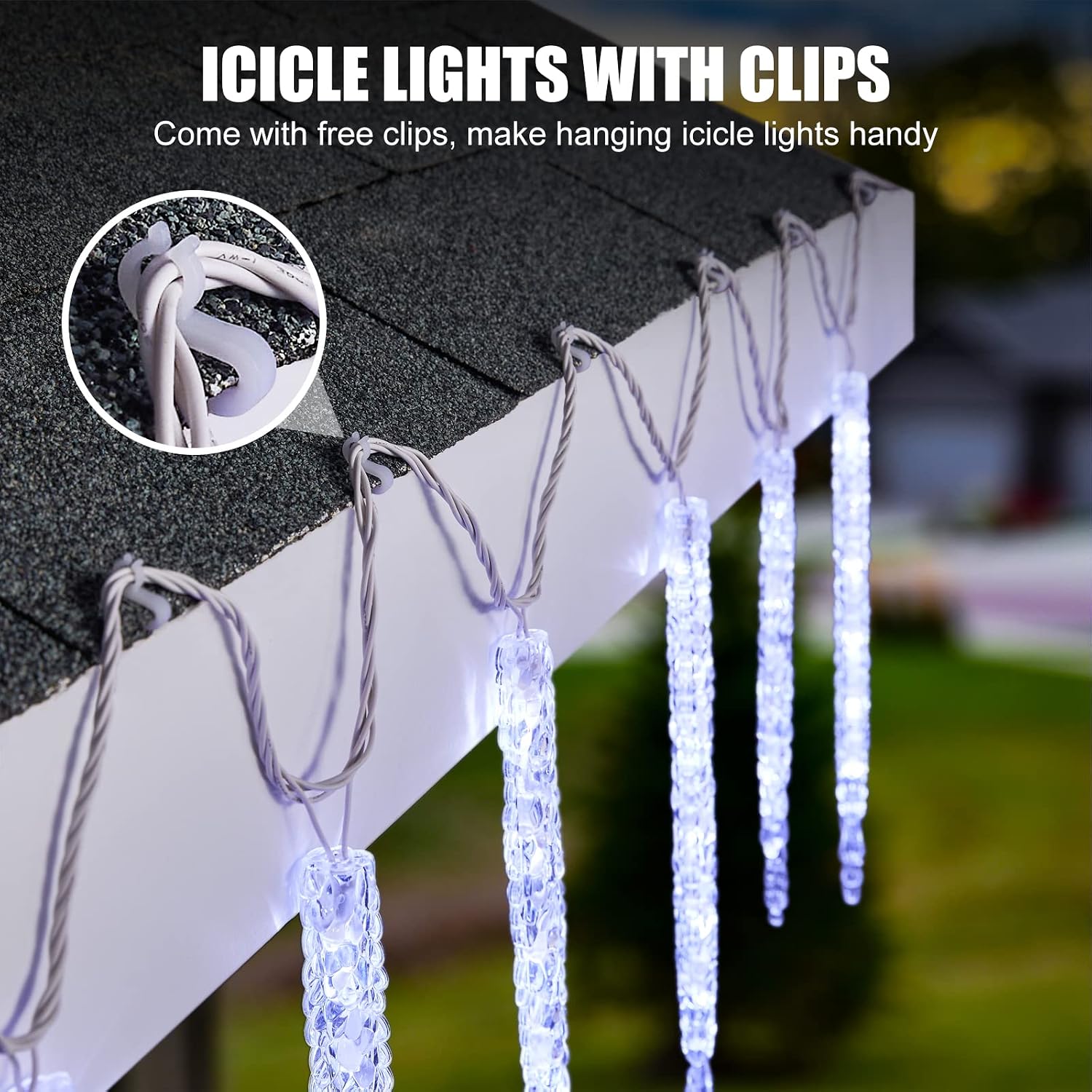 Icicle Lights Outdoor with Clips, 20ft 100 LED 20 Tubes Twinkling White Christmas String Lights, Connectable