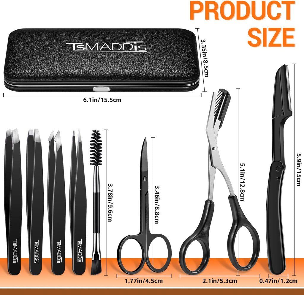 Tweezers for Men, 8 in 1 Professional Eyebrow Tweezers Kit with Eyebrow Trimmer & Scissors, Razor, Brush, Skin Care