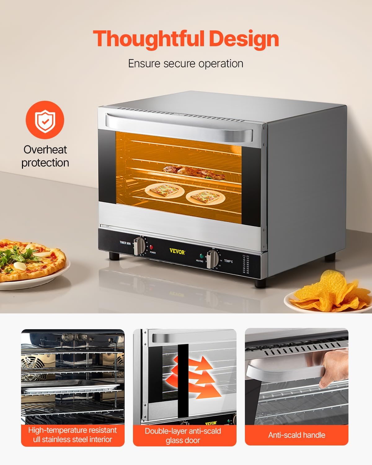 Commercial Convection Oven, 66L/60Qt, Half-Size Conventional Oven Countertop, 1800W 4-Tier Toaster w/Front Glass