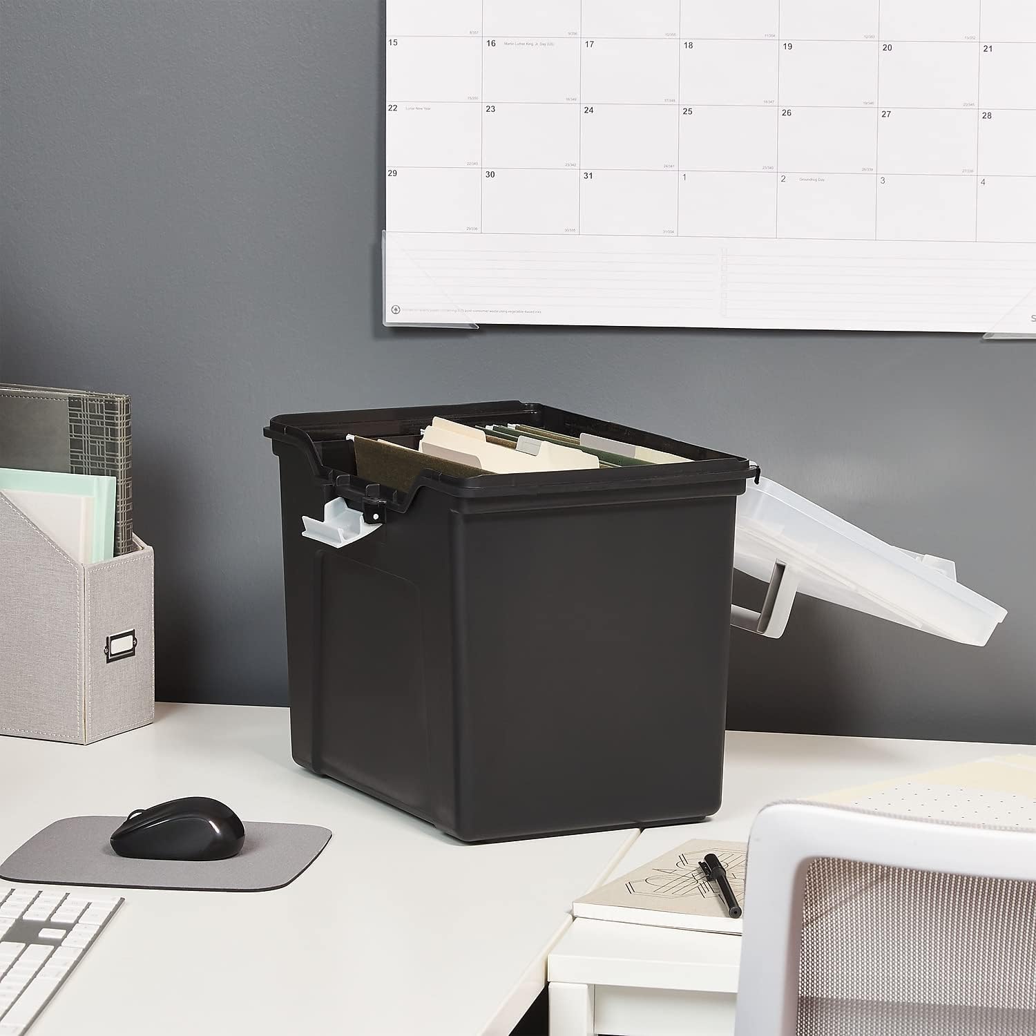 File Folder Tote, Portable Filing Box for Letter SIze Hanging Folders, Security Latch & Built-In Lid Organizer