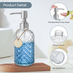 Gem-Patterned Glass Soap Dispenser with Rust Proof Stainless Steel Pump-13 oz Liquid Hand Soap Dispenser for Kitchen
