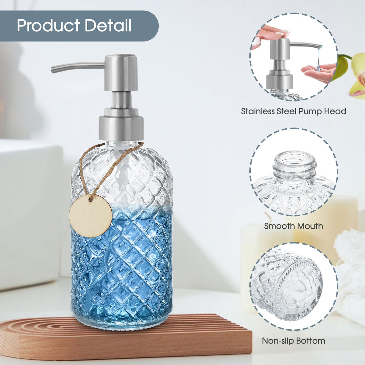 Gem-Patterned Glass Soap Dispenser with Rust Proof Stainless Steel Pump-13 oz Liquid Hand Soap Dispenser for Kitchen