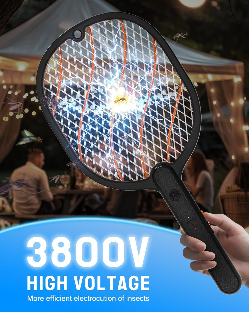 Electric Fly Swatter, 3800V Bug Zapper Racket, Rechargeable 1200mAh Mosquito Killer 3-Layer Safety Mesh Lightweight