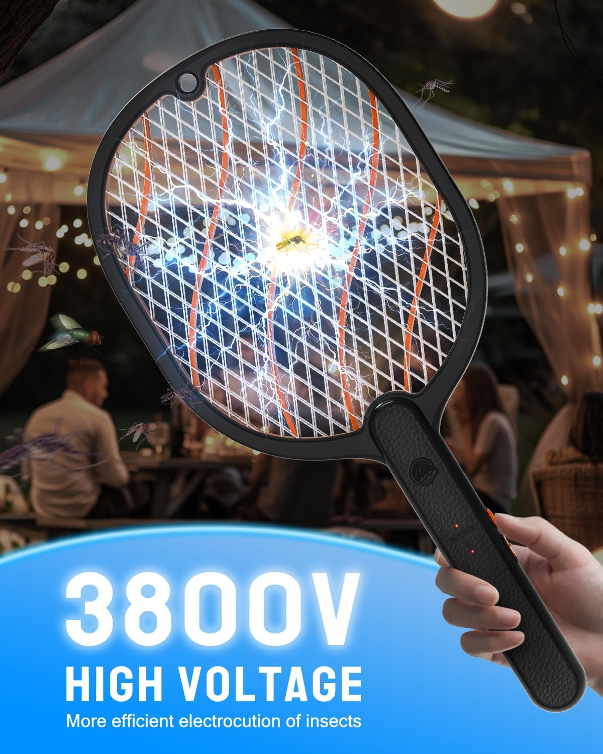 Electric Fly Swatter, 3800V Bug Zapper Racket, Rechargeable 1200mAh Mosquito Killer 3-Layer Safety Mesh Lightweight