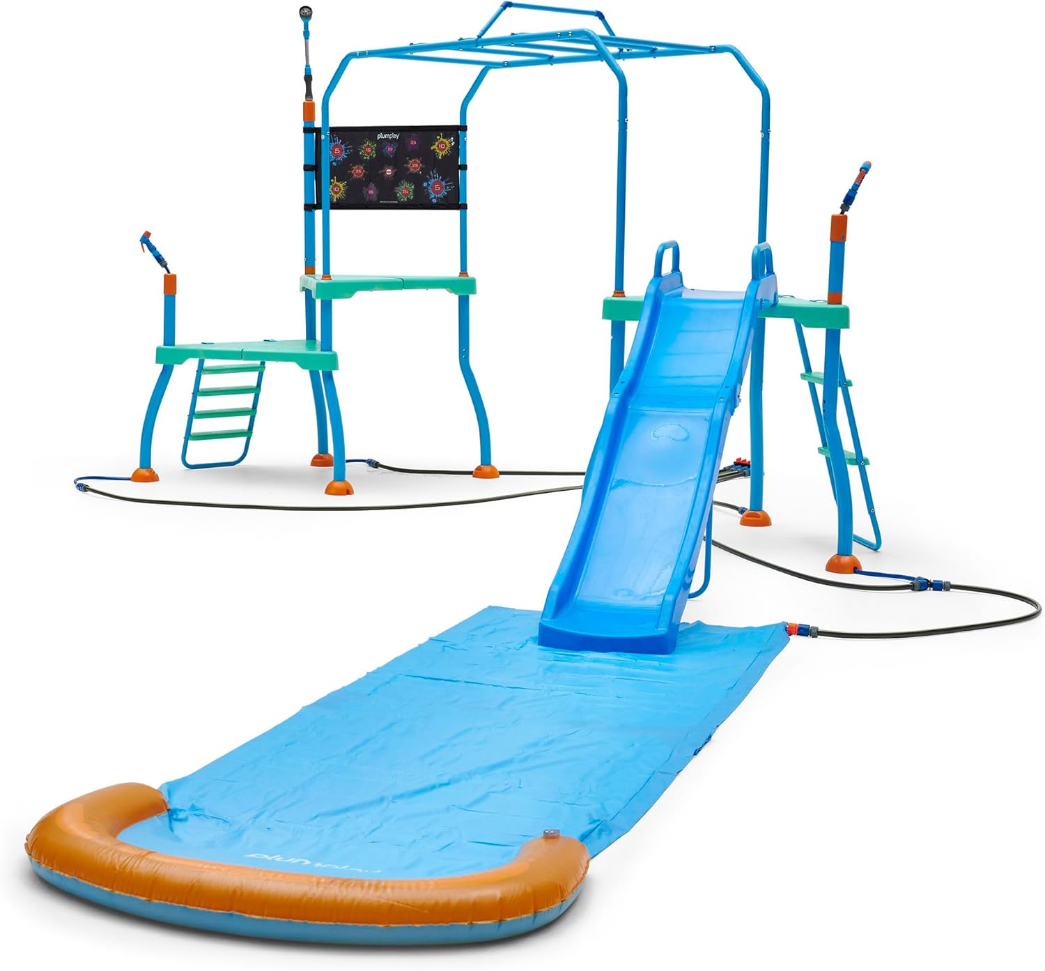 Play Kids Water Slide Outdoor Play Equipment - Toddler Water Toys, Water Gun, Monkey Bars, Sprinkler for Kids, Dump