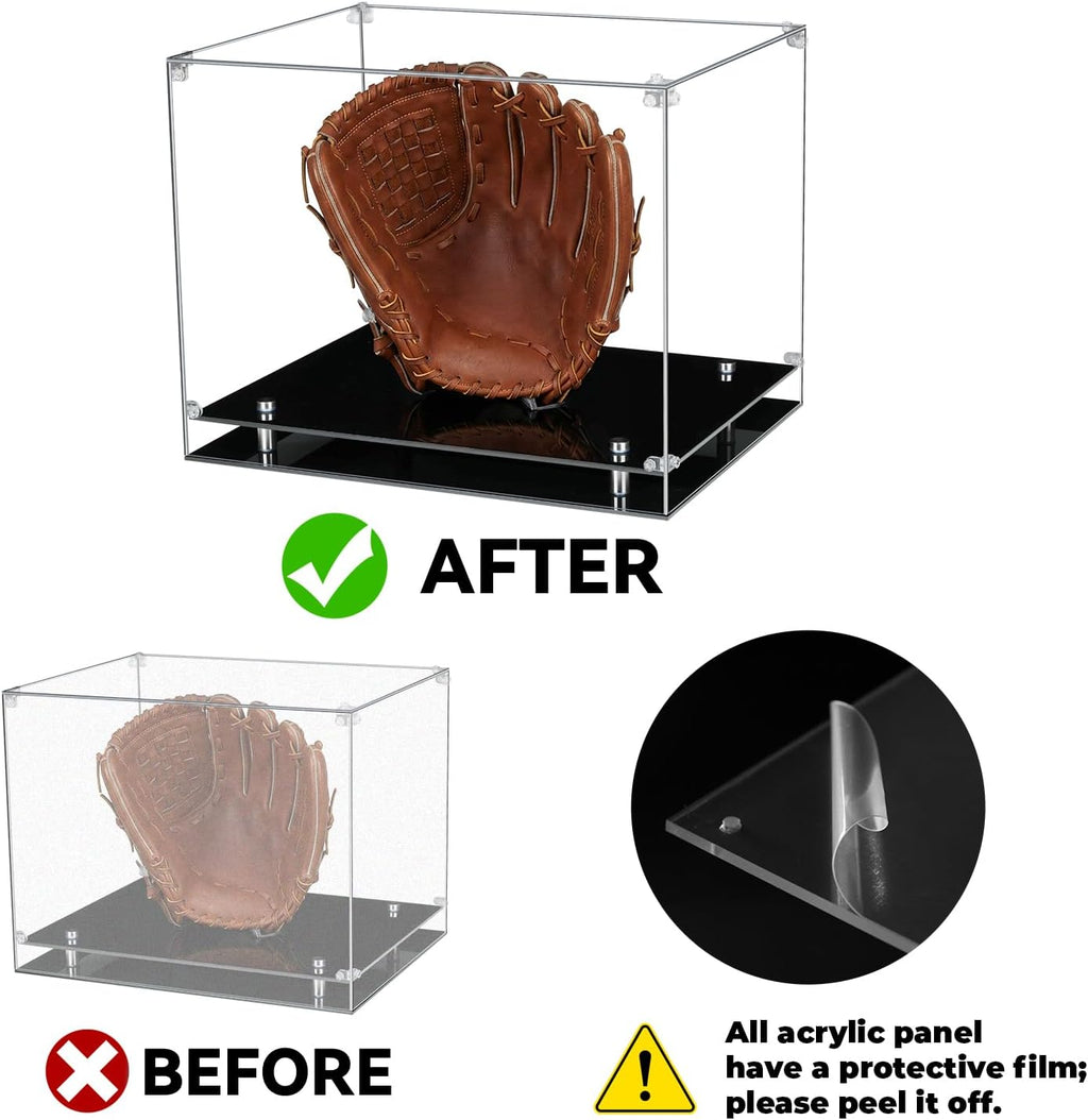 Baseball Glove Display Case with Gold Riser Stand and Black Base | Clear Acrylic Showcase for Baseball Gloves