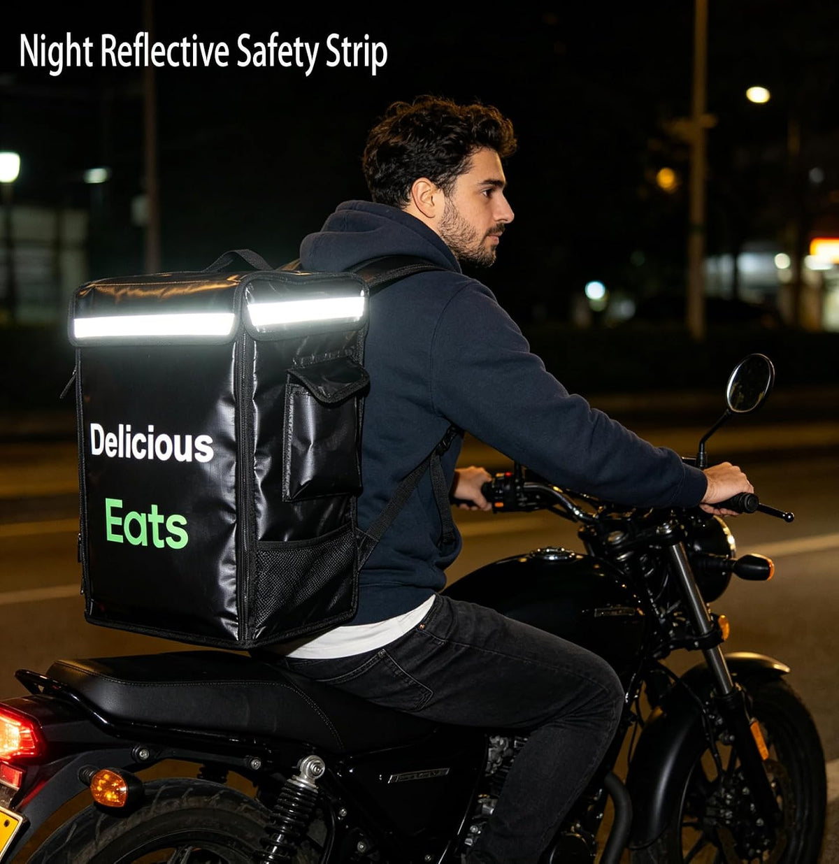 Insulated Food Delivery Backpack with 3 Inner Spaces & 4 Pockets & Reflective Strip, Large Capacity, Leakproof, 4 Cup