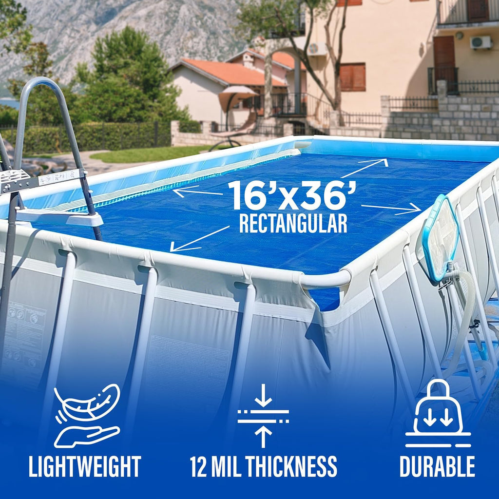 16' x 36' Rectangular Solar Cover for Inground and Above Ground Pools, 12 Mil - Premium Heavy Duty Solar Blanket for