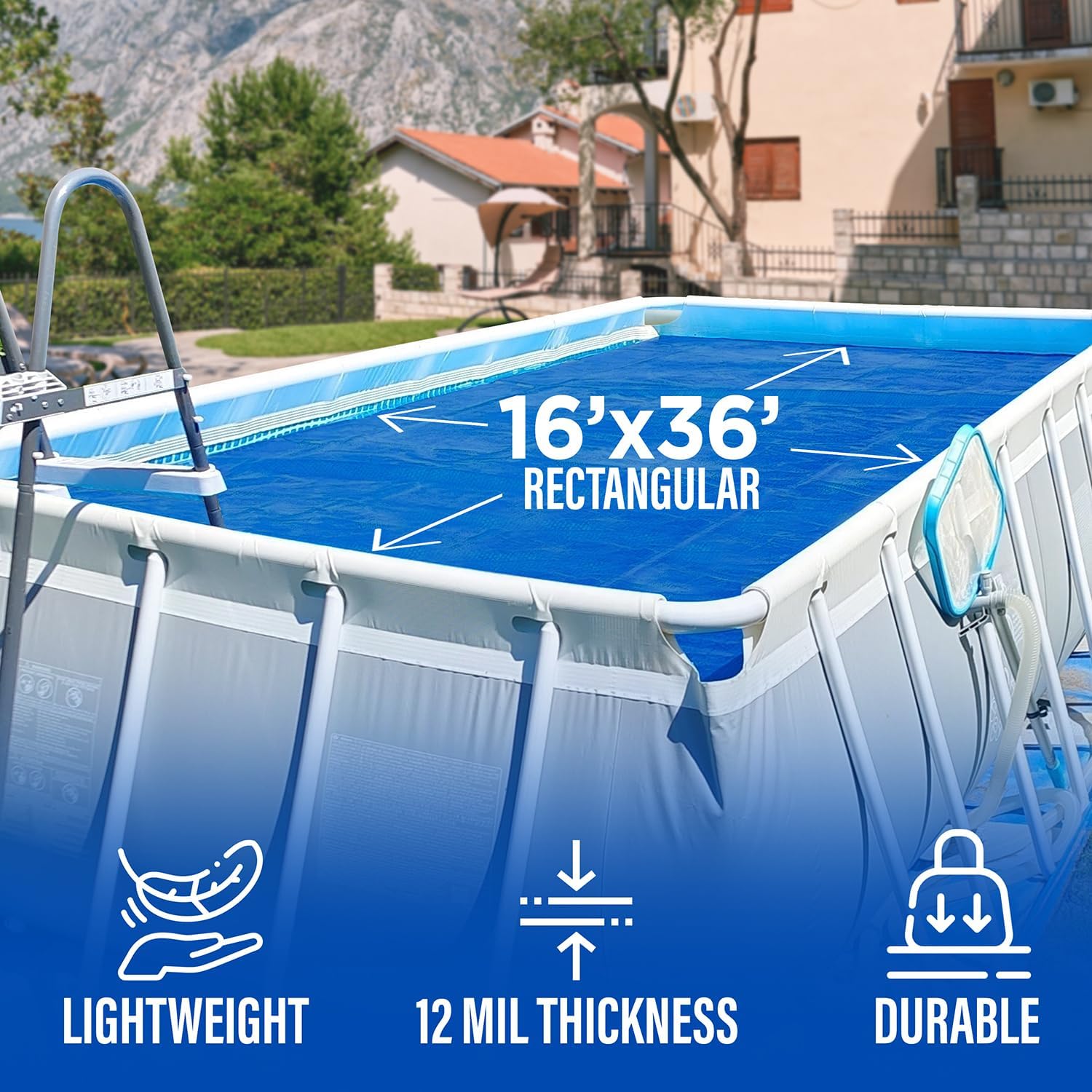 16' x 36' Rectangular Solar Cover for Inground and Above Ground Pools, 12 Mil - Premium Heavy Duty Solar Blanket for