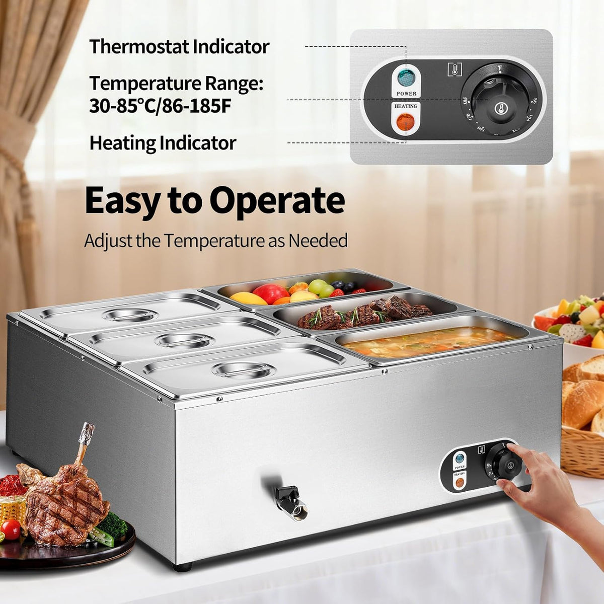 Commercial Food Warmer 48 Qt Stainless Steel Steam Table Countertop Buffet Warmer, 6-Pan 1500W Electric Bain Marie