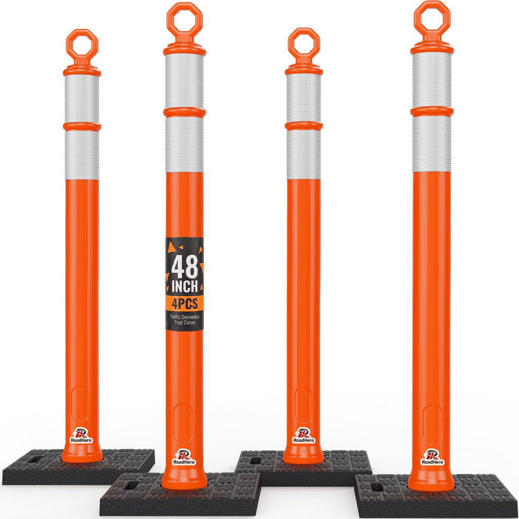 48 Inch Traffic Delineator Post Cones with Base, Orange, 4 Pack