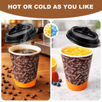 to Go Paper Coffee Cups with Lids and Straws 12 oz, Café Design 100 Pack Disposable Coffee Cups with Sleeves for Hot