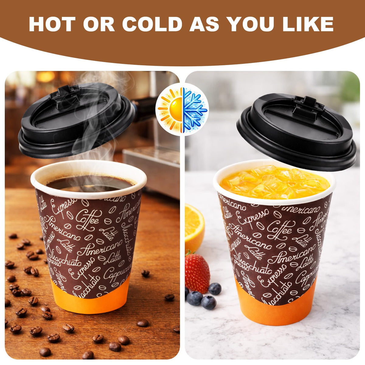 to Go Paper Coffee Cups with Lids and Straws 12 oz, Café Design 100 Pack Disposable Coffee Cups with Sleeves for Hot