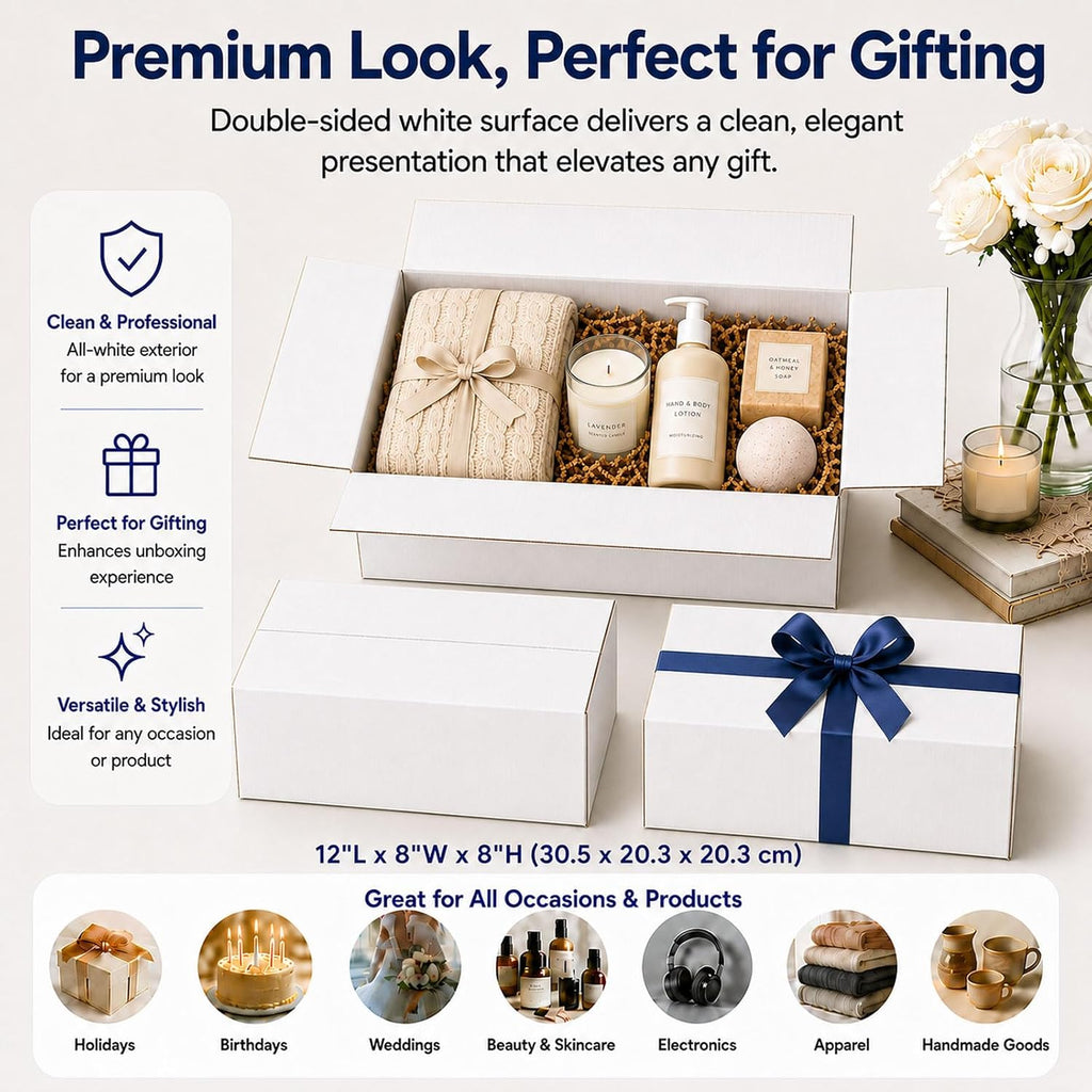 12x8x6 White Shipping Boxes, 25 Pack