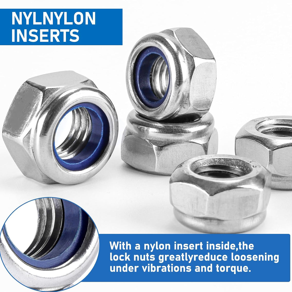 135 Pack 304 Stainless Steel A2-70 Nylon Insert Lock Nuts, SAE & Metric