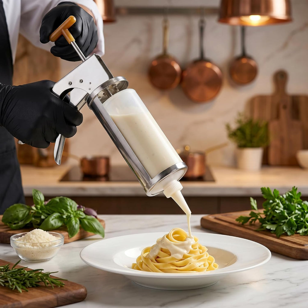 Heavy Duty Stainless Steel Sauce Gun Dispenser - 1/3oz/1oz/1/2oz/1/4oz Commercial Grade for Thick Sauces (Mayo