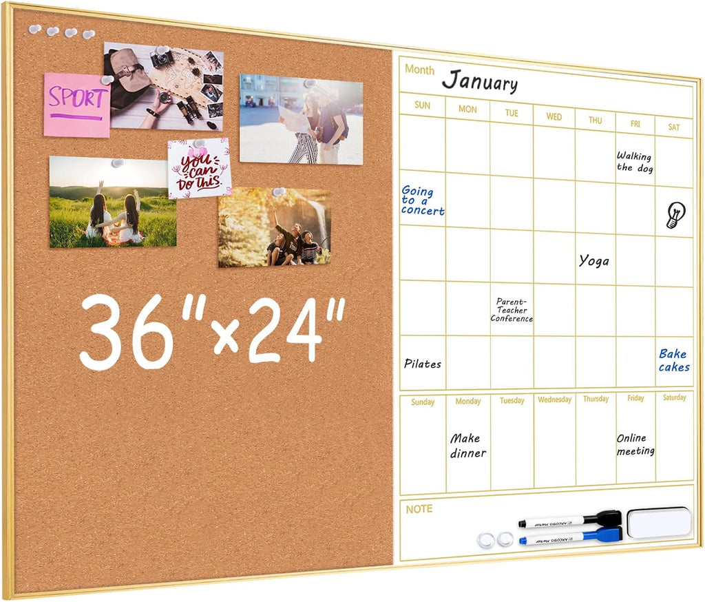 Dry Erase Calendar with Cork Board, 36"x24" Magnetic White Board Calendar Dry Erase for Wall, Gold Frame Combination
