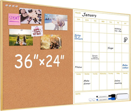 Dry Erase Calendar with Cork Board, 36"x24" Magnetic White Board Calendar Dry Erase for Wall, Gold Frame Combination