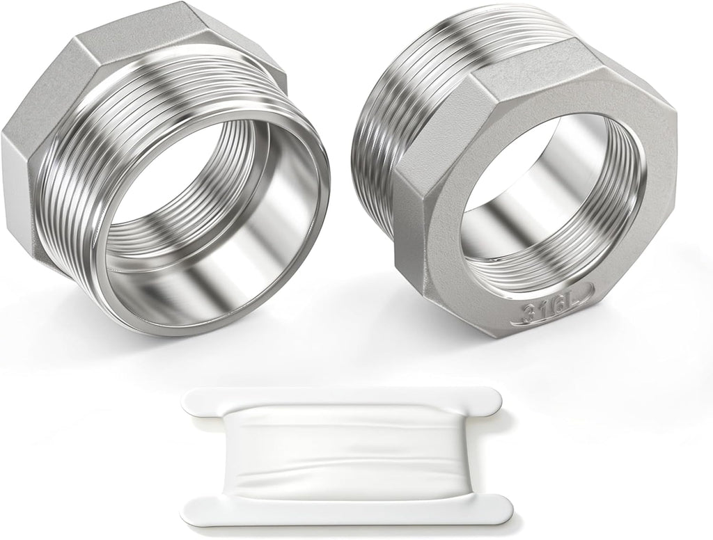 Taisher 2pcs 316L SS Reducer Hex Bushing,2" MNPT x 1-1/4" FNPT Pipe