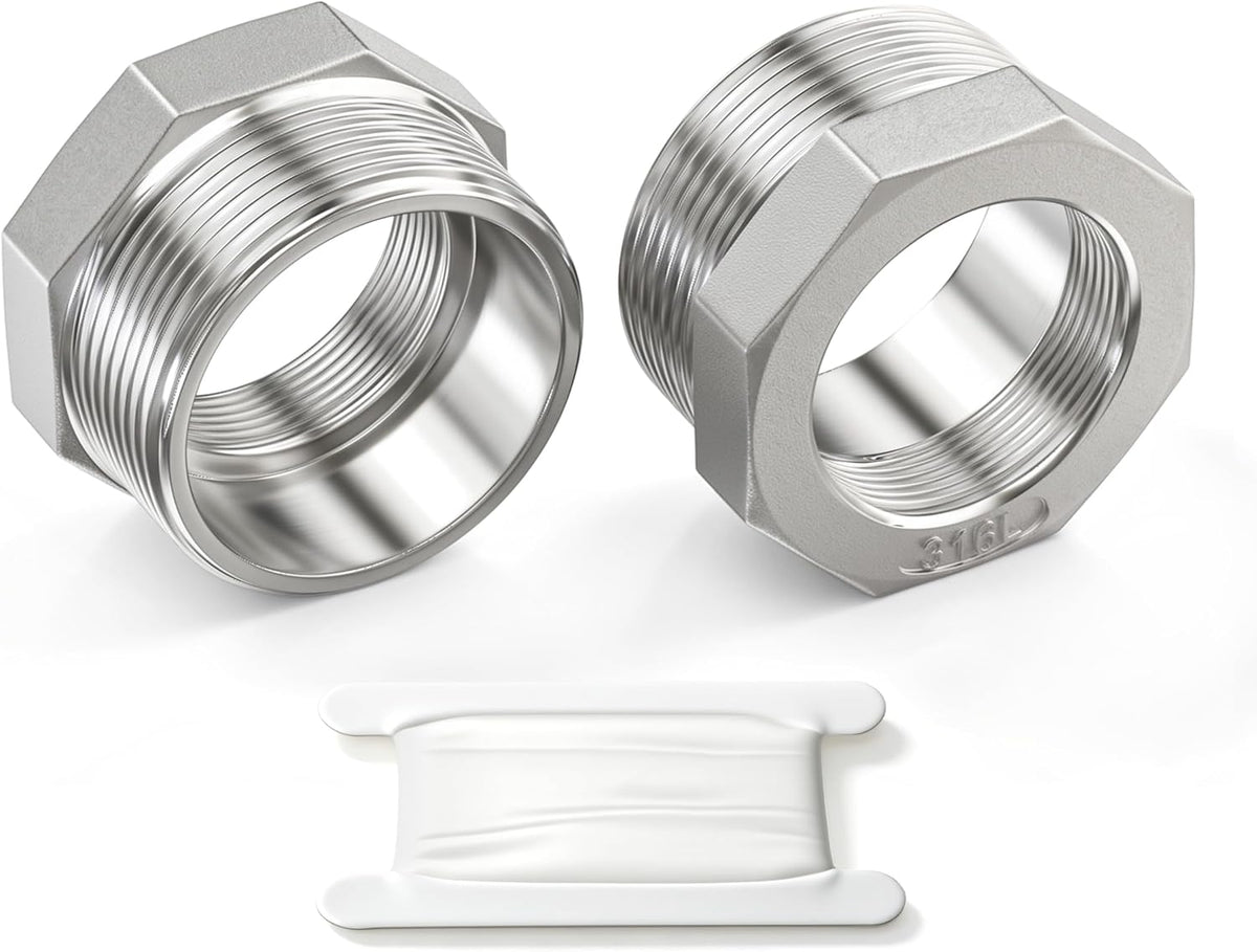 Taisher 2pcs 316L SS Reducer Hex Bushing,2" MNPT x 1-1/4" FNPT Pipe