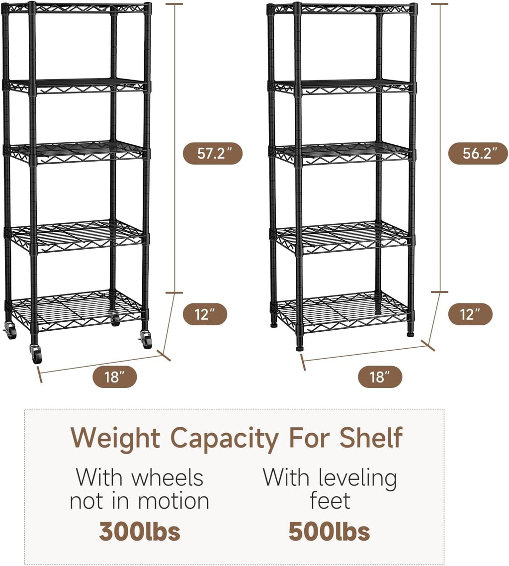Small 5 Tier Shelves Storage Wire Shelving Unit Metal Shelf Adjustable Organizers Storage Shelving with Wheels for
