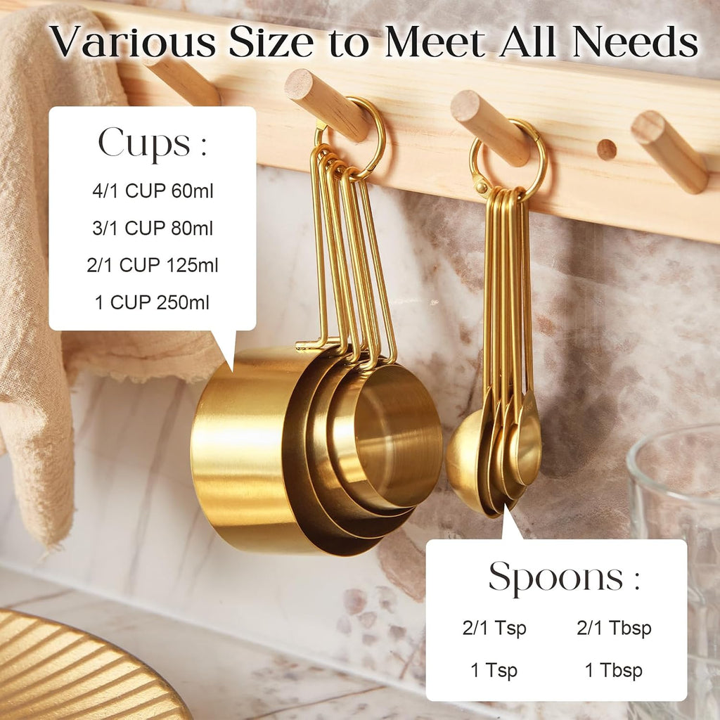 Golden 304 Stainless Steel Measuring Cups and Spoons Set,8PCS Stackable & Long Handle Fits Narrow Jars, Premium Gold