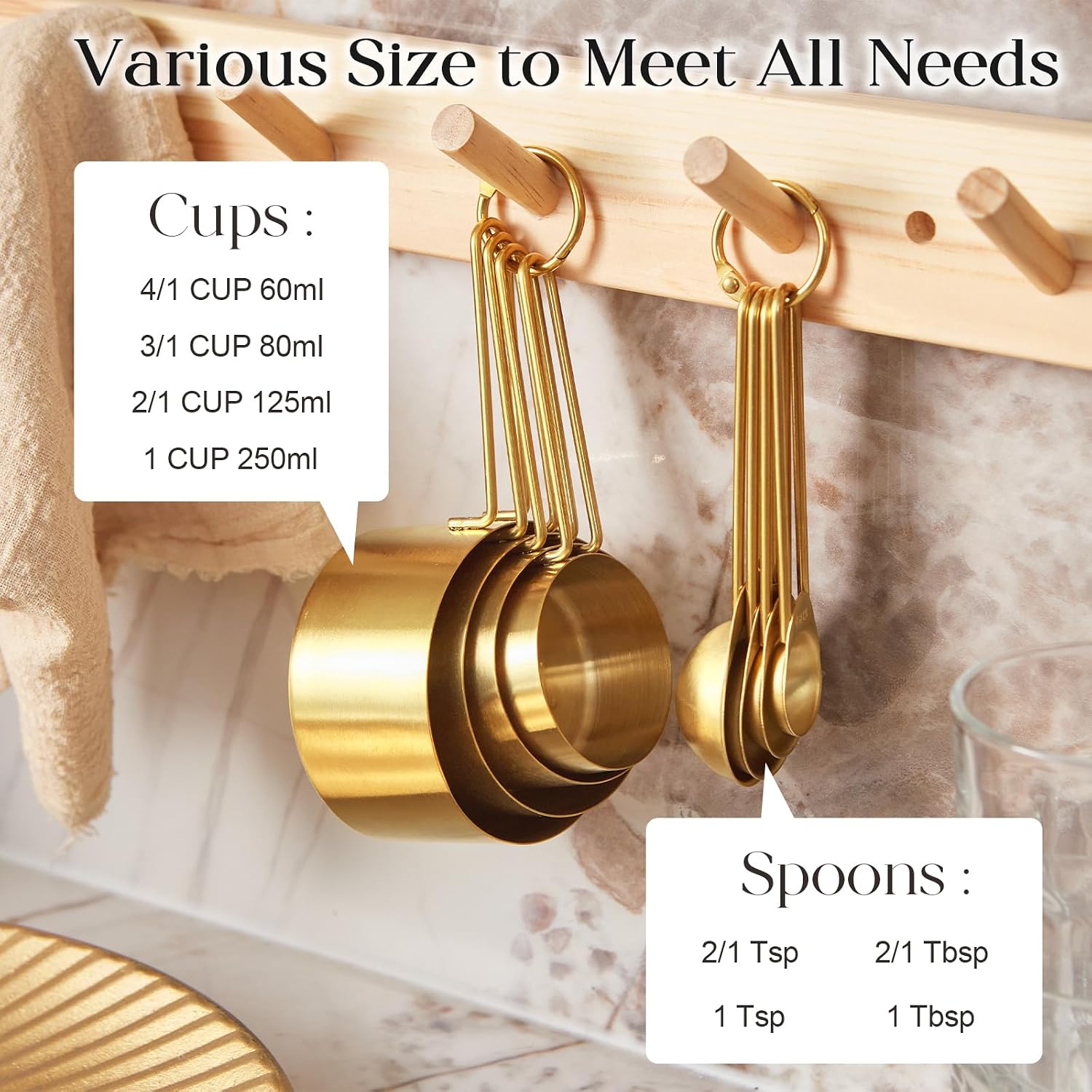 Golden 304 Stainless Steel Measuring Cups and Spoons Set,8PCS Stackable & Long Handle Fits Narrow Jars, Premium Gold