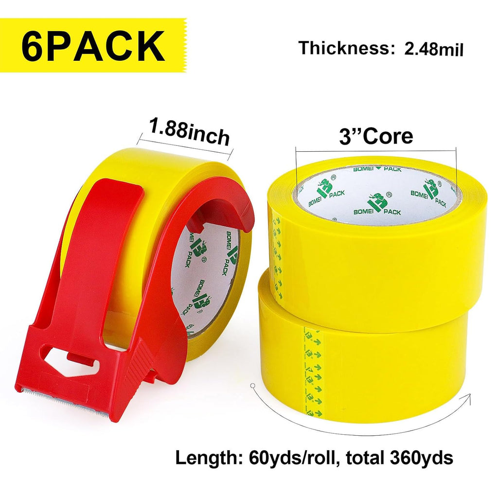 Yellow Packing Tape, 6 Rolls of Heavy Duty Packaging Tape for Shipping Packaging Moving Sealing, 2.5mil Thick, 1.88