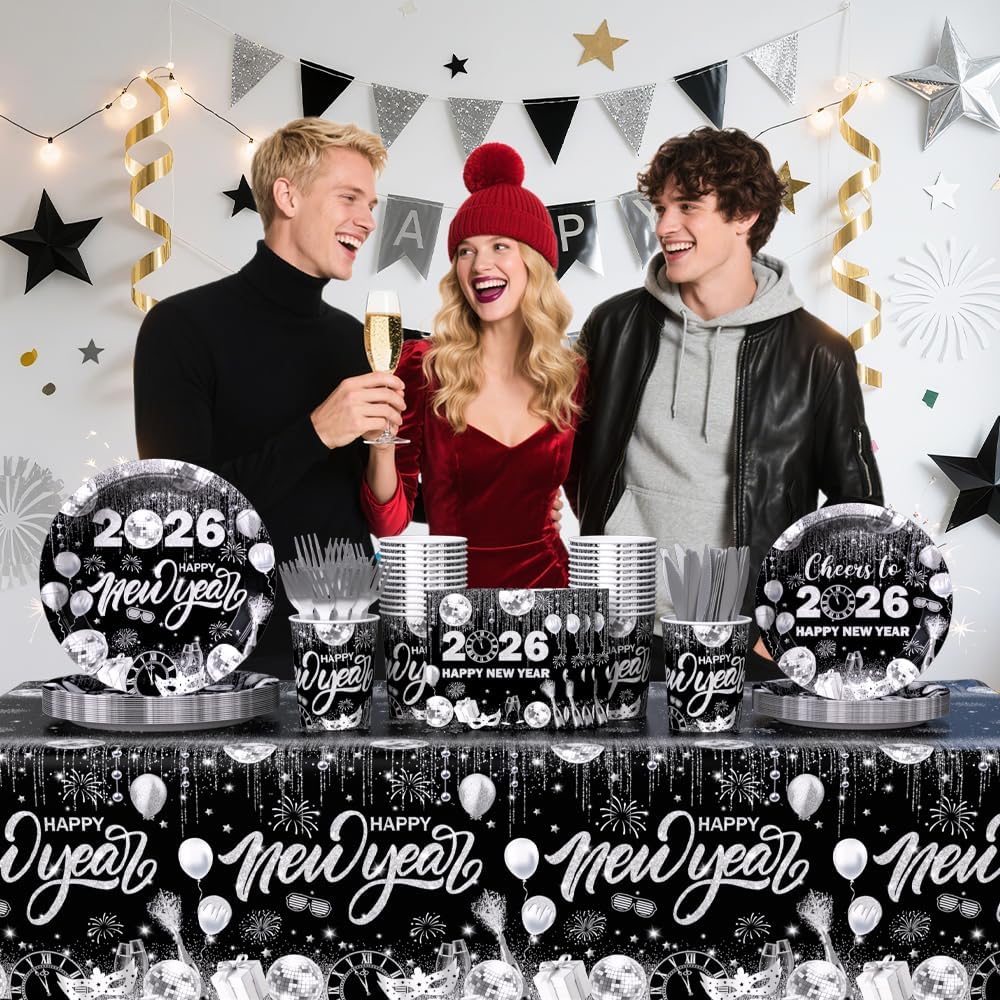 194pcs Happy New Years Eve 2026 Party Decorations for New Year Party Plates, Cup, Napkin, Tablecloth, Tableware