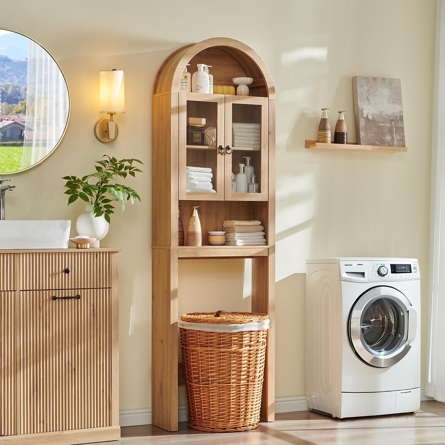 Arched Over The Toilet Storage Cabinet with Acrylic Doors, Modern Over Toilet Bathroom Organizer Shelf, Small Wooden