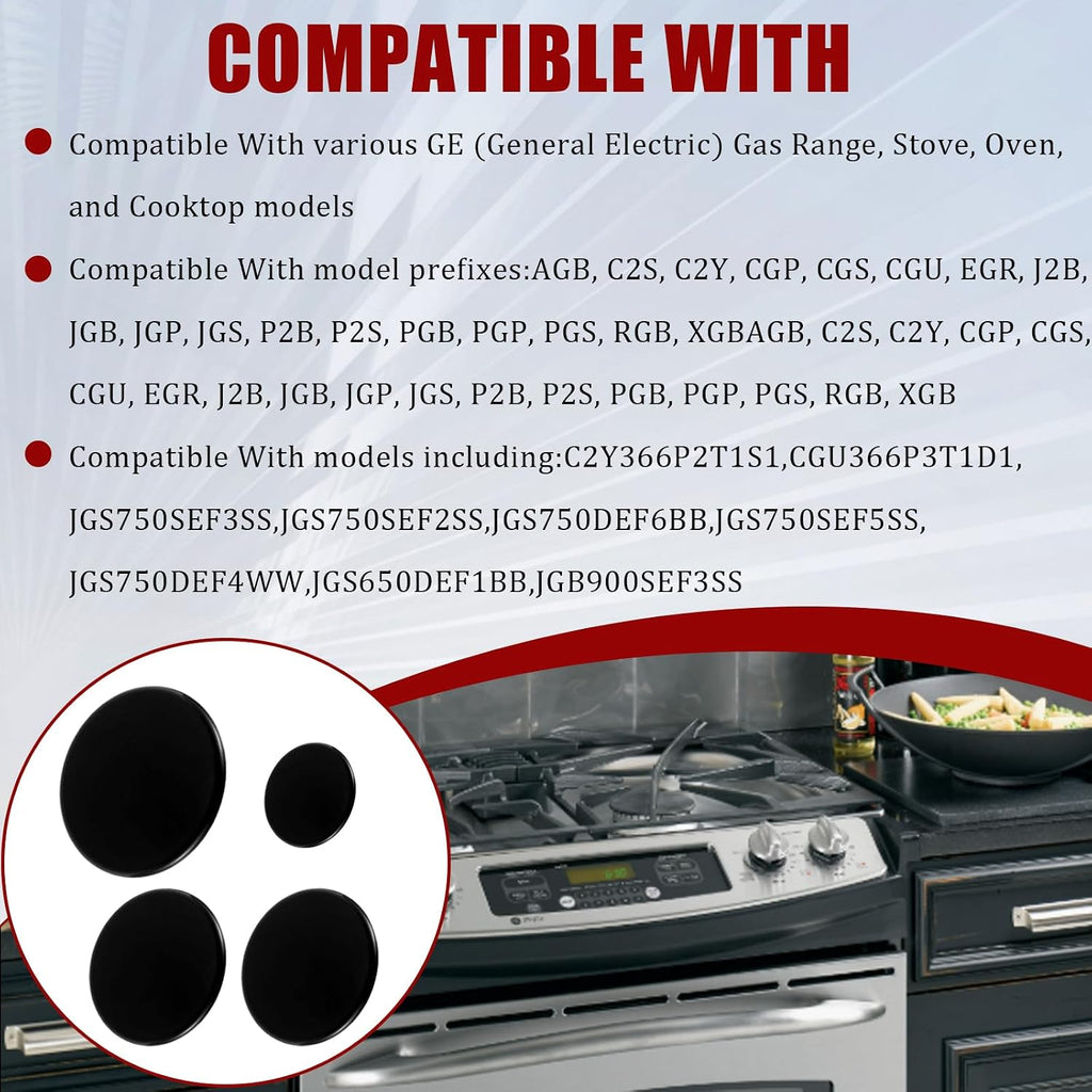 Surface Burner Cap Set Compatible With GE Gas Range/Stove/Oven (4-Pack)