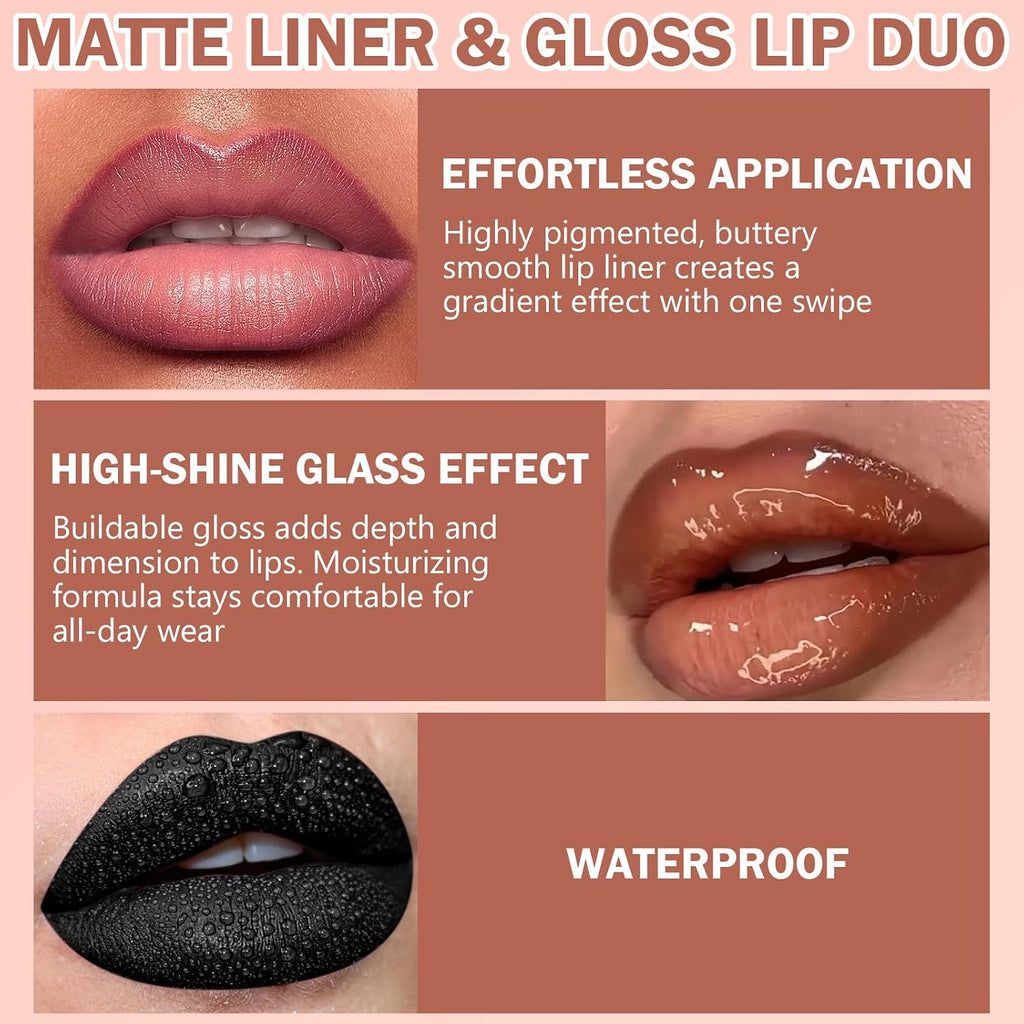Lip Liner & Gloss Lipstick Combo - 2 in 1 Dual-Ended Lip Combo Set, Nude Brown Velvet Matte Lip Liner & Buildable